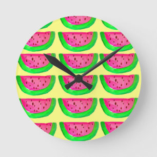 Juicy pink watermelon fruit pattern on lemon round clock