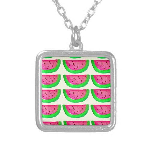 Juicy pink  watermelon fruit pattern on lemon silver plated necklace