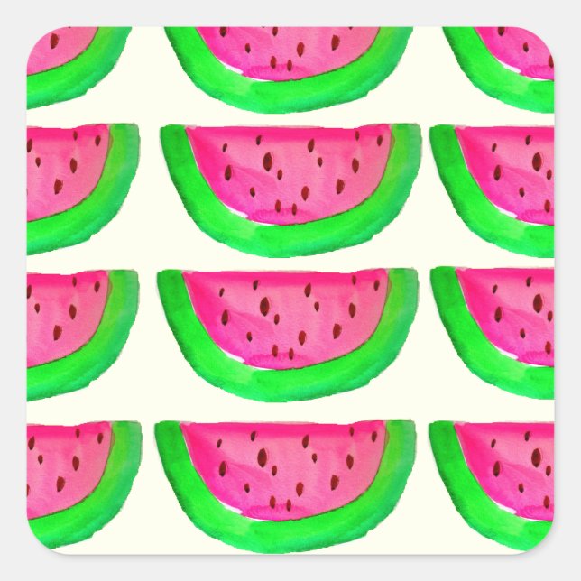 Juicy pink  watermelon fruit pattern on lemon square sticker (Front)