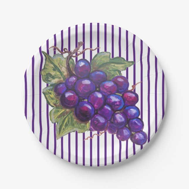 Juicy Purple Grapes Striped Dessert Wine Harvest Paper Plates (Front)