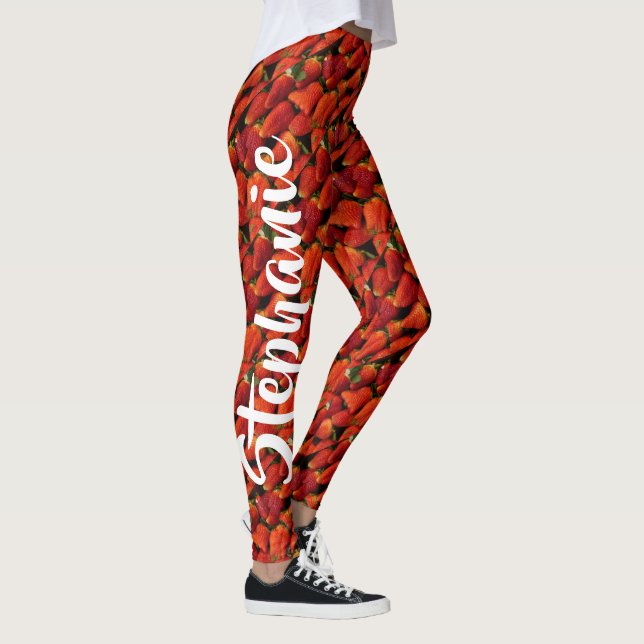 Juicy Red Ripe Strawberries, Personalized Name Leggings (Right)