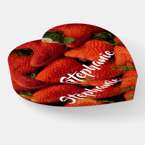 Juicy Red Strawberries Name Heart Shaped Glass Paperweight