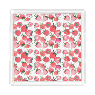 Juicy Red Strawberries Watercolor Pattern Acrylic Tray