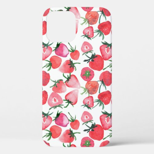 Juicy Red Strawberries Watercolor Pattern iPhone 12 Case