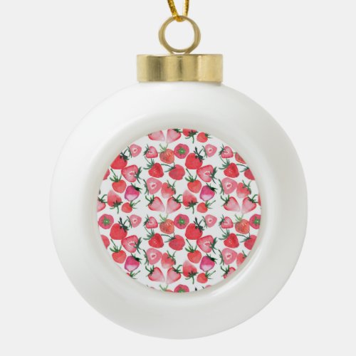 Juicy Red Strawberries Watercolor Pattern Ceramic Ball Christmas Ornament