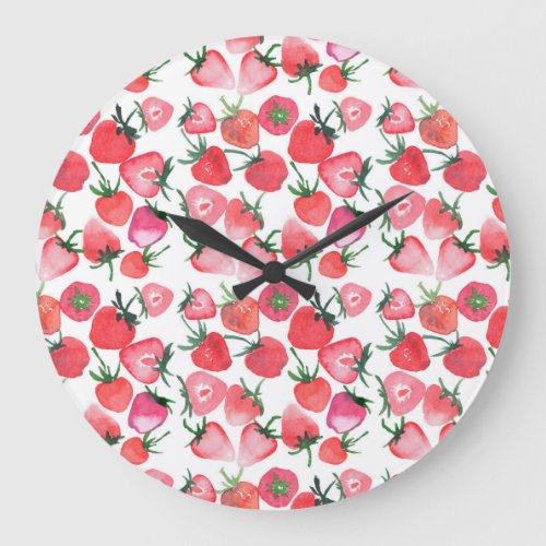 Juicy Red Strawberries Watercolor Pattern Large Clock