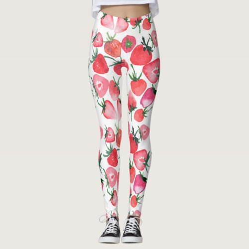 Juicy Red Strawberries Watercolor Pattern Leggings