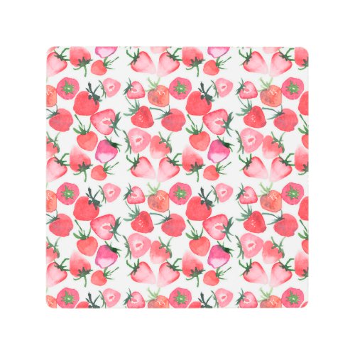 Juicy Red Strawberries Watercolor Pattern Metal Print