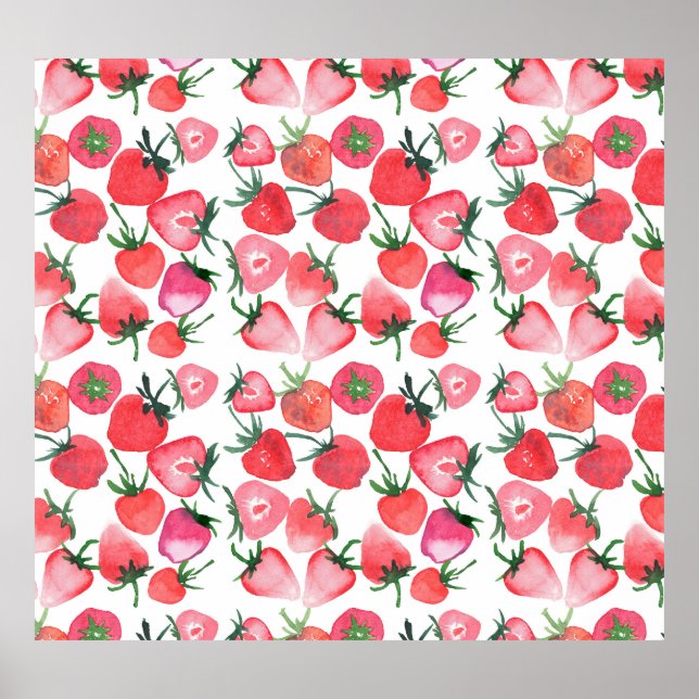 Juicy Red Strawberries Watercolor Pattern Poster (Front)
