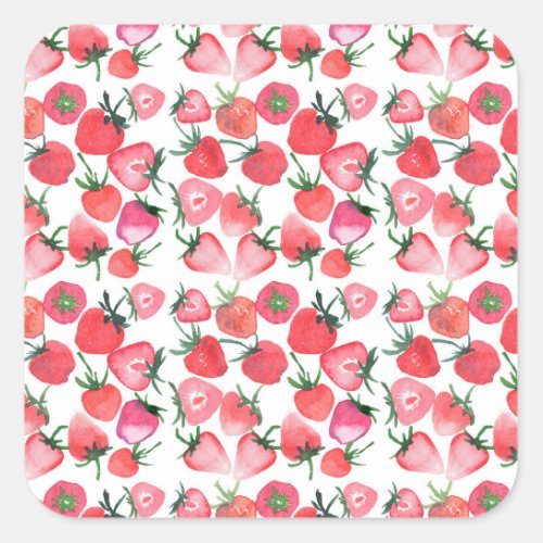 Juicy Red Strawberries Watercolor Pattern Square Sticker