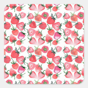 Juicy Red Strawberries Watercolor Pattern Square Sticker