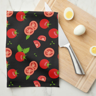 Juicy Red Tomato Pattern on Black Kitchen Towel
