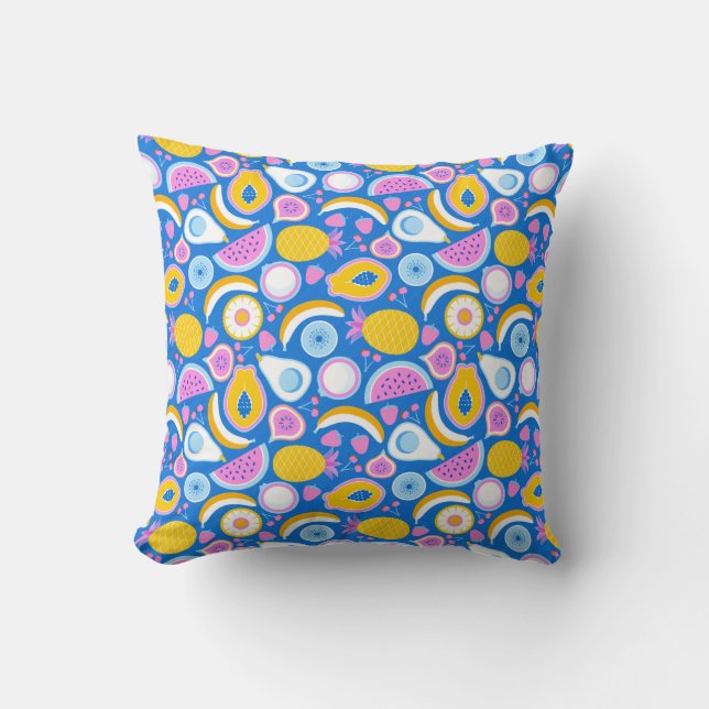 Juicy tropical fruits - Blue background Throw Pillow (Front)