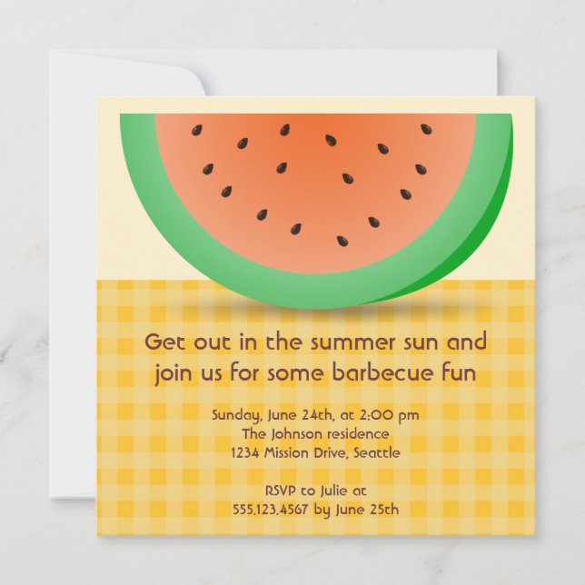Juicy watermelon slice gingham summer picnic party invitation (Front)
