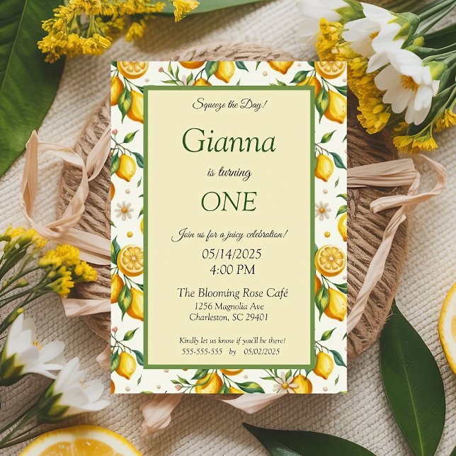 Juicy Yellow Lemon Citrus Frame Elegant Birthday Invitation (Creator Uploaded)