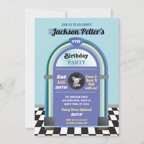 Jukebox Birthday Music Blue Diner Fifties Retro Invitation