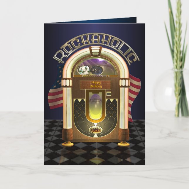 Jukebox Rockaholic Customizable Greetings Card (Front)