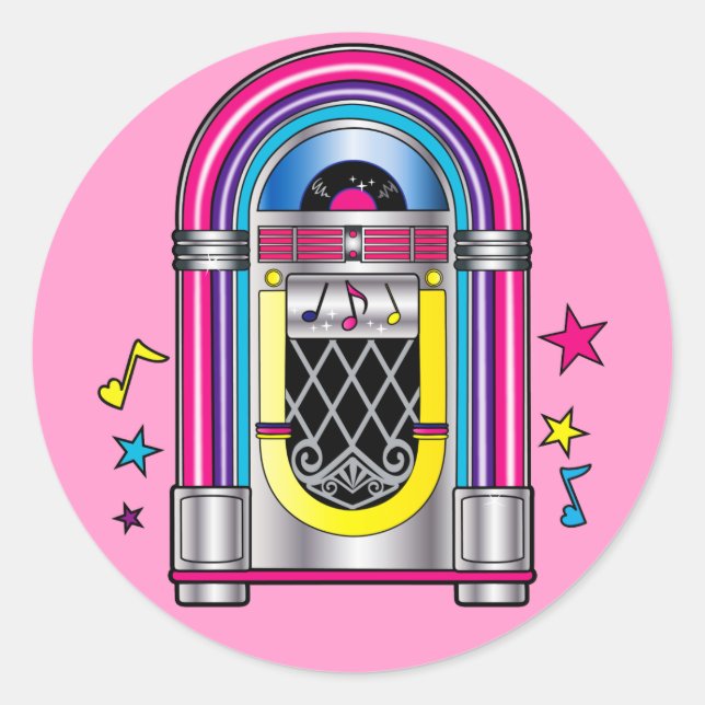 Jukebox with Stars and Notes Classic Round Sticker (Front)
