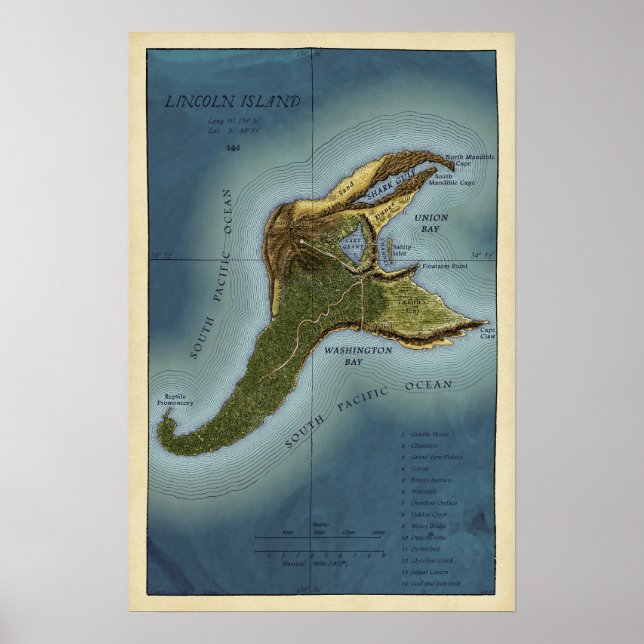 Jules Verne "Mysterious Island" Lincoln Island Map Poster (Front)