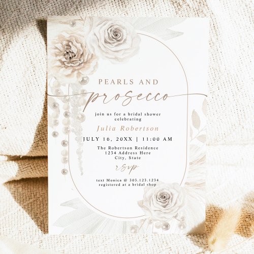 JULIA Boho Floral Pearls  Prosecco Bridal Shower Invitation