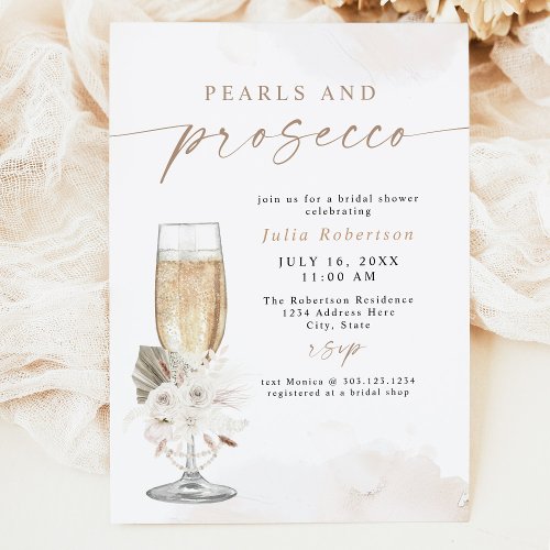 JULIA Boho Floral Pearls  Prosecco Bridal Shower Invitation