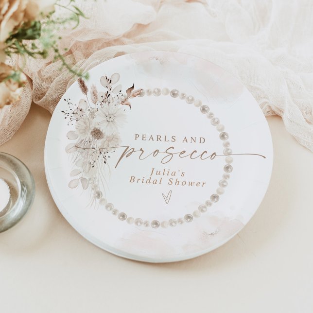 JULIA Boho Floral Pearls & Prosecco Bridal Shower Paper Plates (Creator Uploaded)