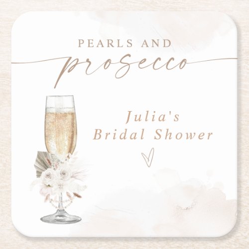 JULIA Boho Floral Pearls  Prosecco Bridal Shower Square Paper Coaster