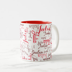 Julia Custom Red Script Name repeating all over Two-Tone Coffee Mug