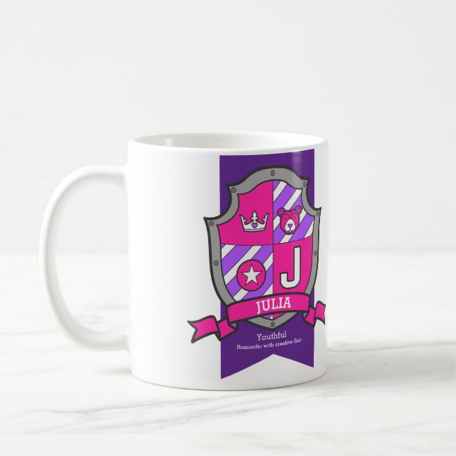 Julia letter J crest pink bear name meaning Coffee Mug (Left)