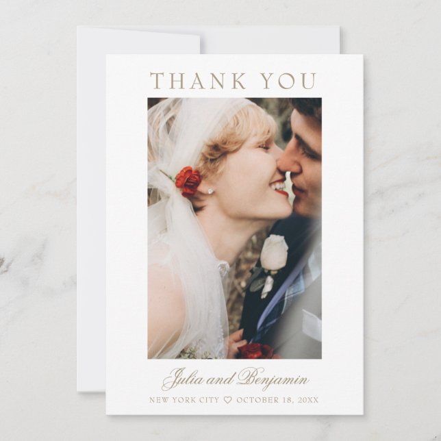 Julia Simple Gold Script 2 Photo Wedding Thank You Card (Front)