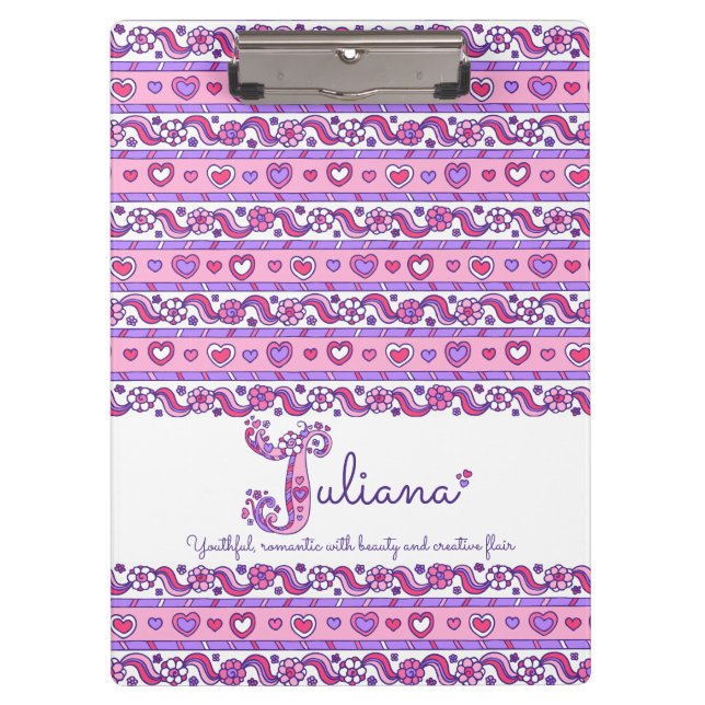Juliana name meaning hearts letter J clipboard (Front)