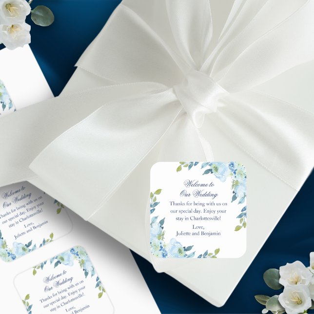 Juliette Blue Hotel Guests Wedding Welcome Bag Square Sticker (Welcome your guests in style with these lovely gift stickers)