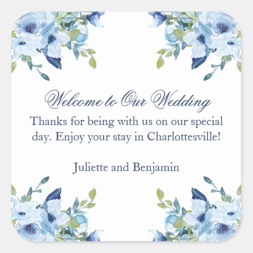 Juliette Blue Hotel Guests Wedding Welcome Bag Square Sticker