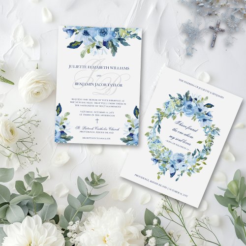 Juliette Dusty Blue Floral Catholic Wedding Invita Invitation