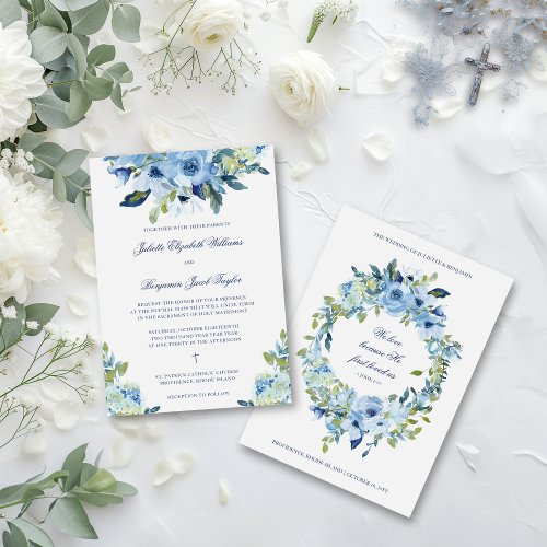 Juliette Dusty Blue Floral Catholic Wedding Invitation