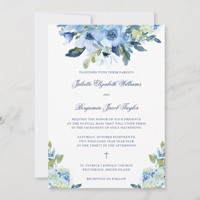 Juliette Dusty Blue Floral Catholic Wedding Invitation (Front)