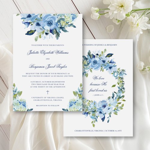 Juliette Dusty Blue Floral Christian Wedding Invitation