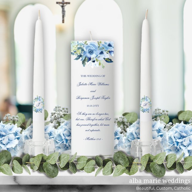 Juliette Dusty Blue Floral Christian Wedding Unity Candle Set (Creator Uploaded)