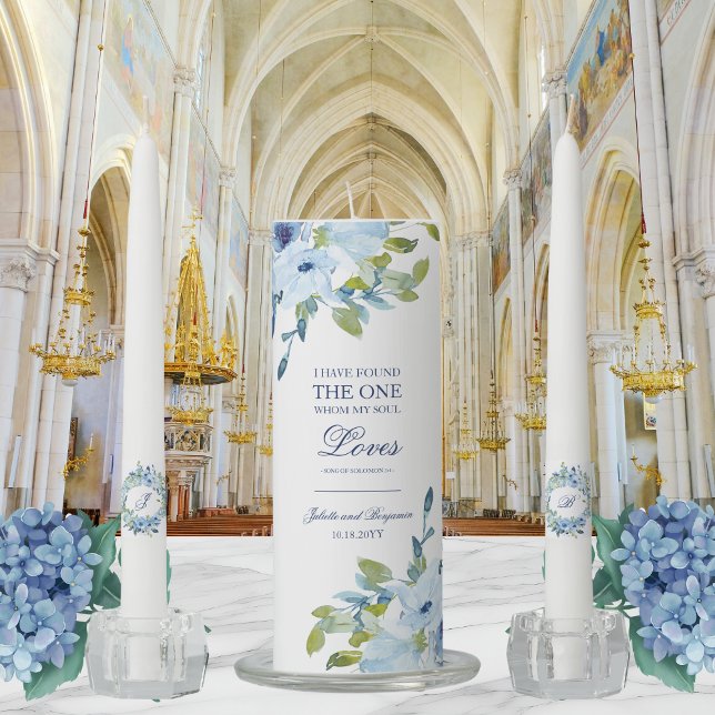 Juliette Dusty Blue Floral Christian Wedding Unity Unity Candle Set (This dusty blue, floral unity candle with Bible scripture is perfect for a church wedding.)