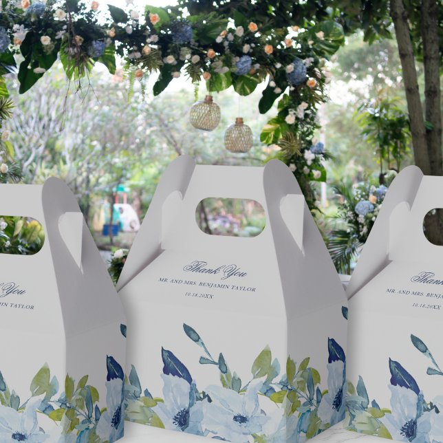 Juliette Dusty Blue Floral Wedding Gable Favor Box (These pretty favor boxes feature dusty blue watercolor flowers & an elegant calligraphy script font)