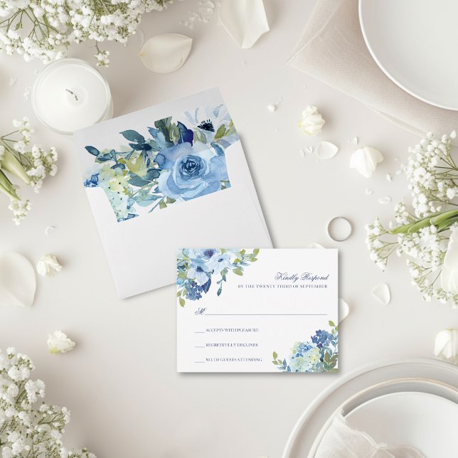 Juliette Dusty Blue Floral Wedding RSVP Card Envelope (This floral RSVP card envelope  features dusty blue and navy blue watercolor flowers)