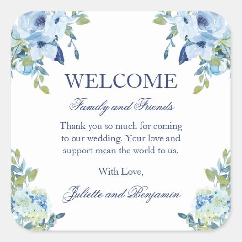 Juliette Dusty Blue Floral Wedding Welcome Bag Square Sticker