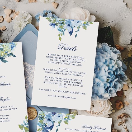 Juliette Dusty Blue Flowers Wedding Details Enclosure Card