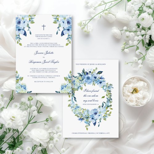 Juliette Floral Dusty Blue Catholic Wedding Invitation