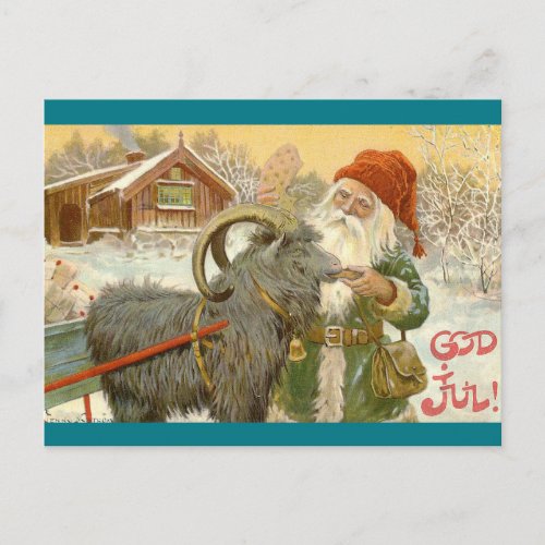 Jultomten Feeds Yule Goat a Cookie Holiday Postcard