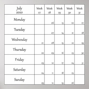 july 2020 planner calendar with week number poster