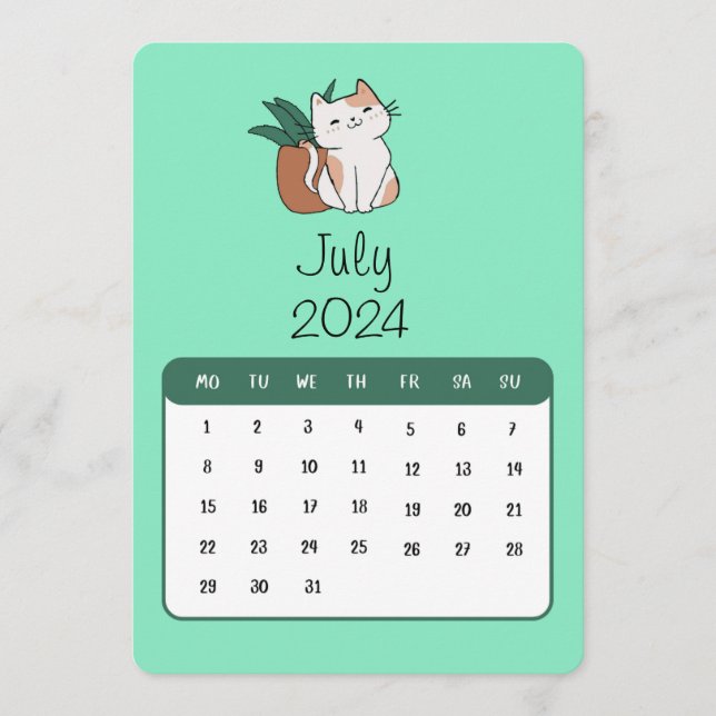 July 2024 Stand Alone Cat And Plant Calendar (Front)