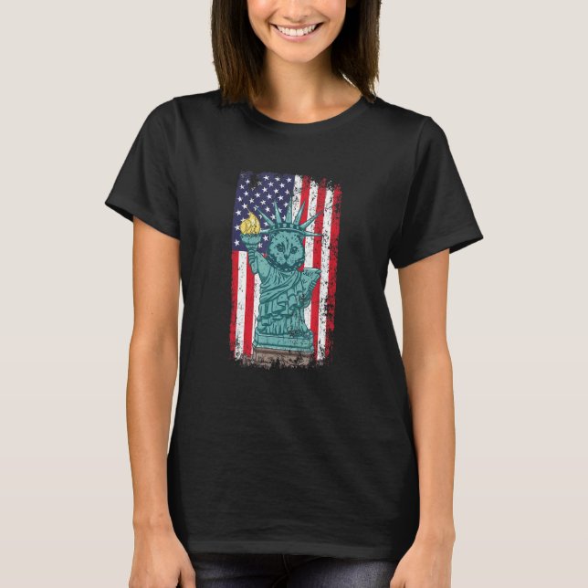 July 4 Cat Statue Of Liberty American Flag Meowica T-Shirt (Front)