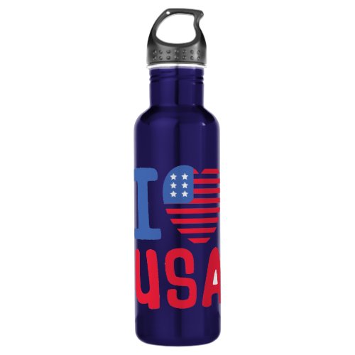 July 4 _ I Heart USA Stars  Stripes   USA Colors Stainless Steel Water Bottle