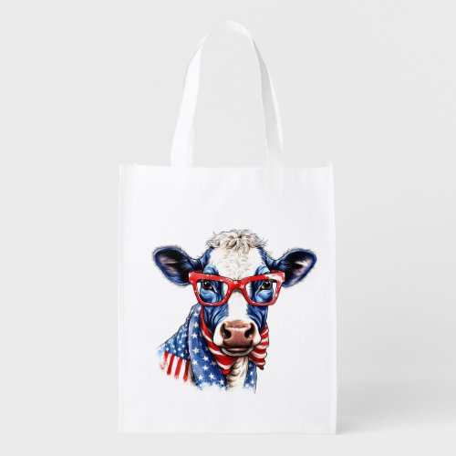 July 4 Patriotic Cow and American Flag Grocery Bag